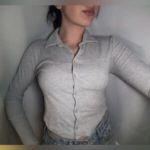 Forever 21 Gray Ribbed Long Sleeve Top
